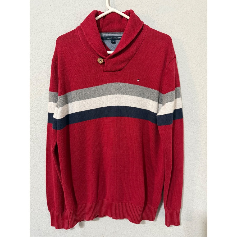 Tommy Hilfiger Mens Cotton Knit Sweater XL Red Shawl Collar Striped Nautical
